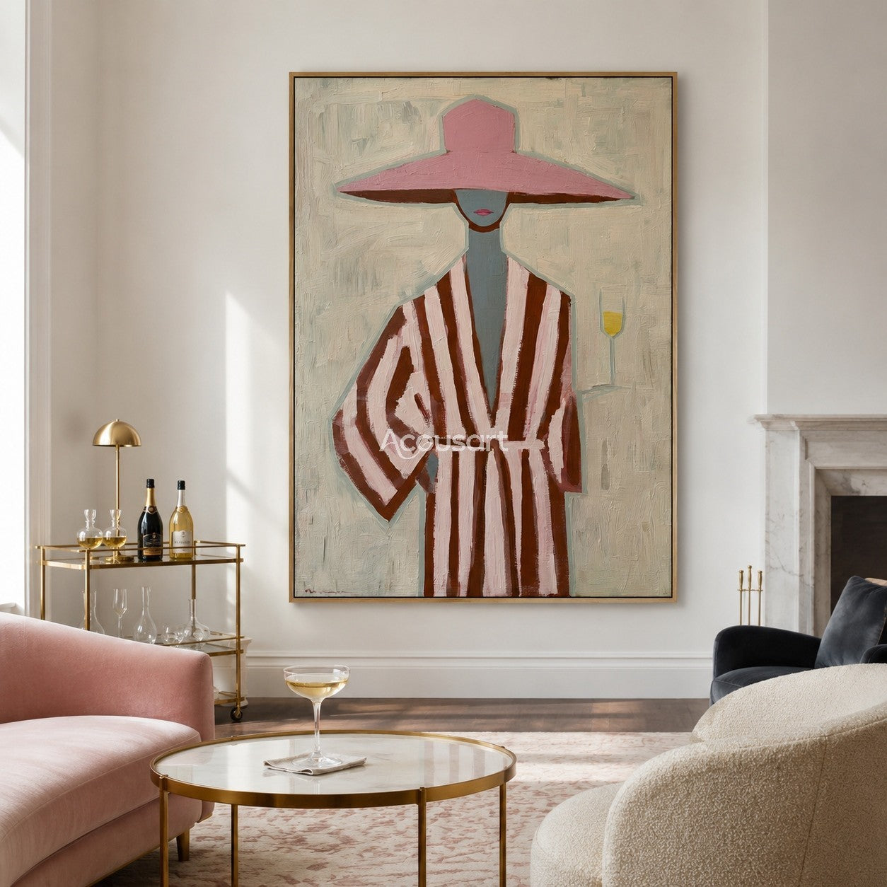 Textured pink hat woman canvas art featuring a figure in a striped robe holding a drink.