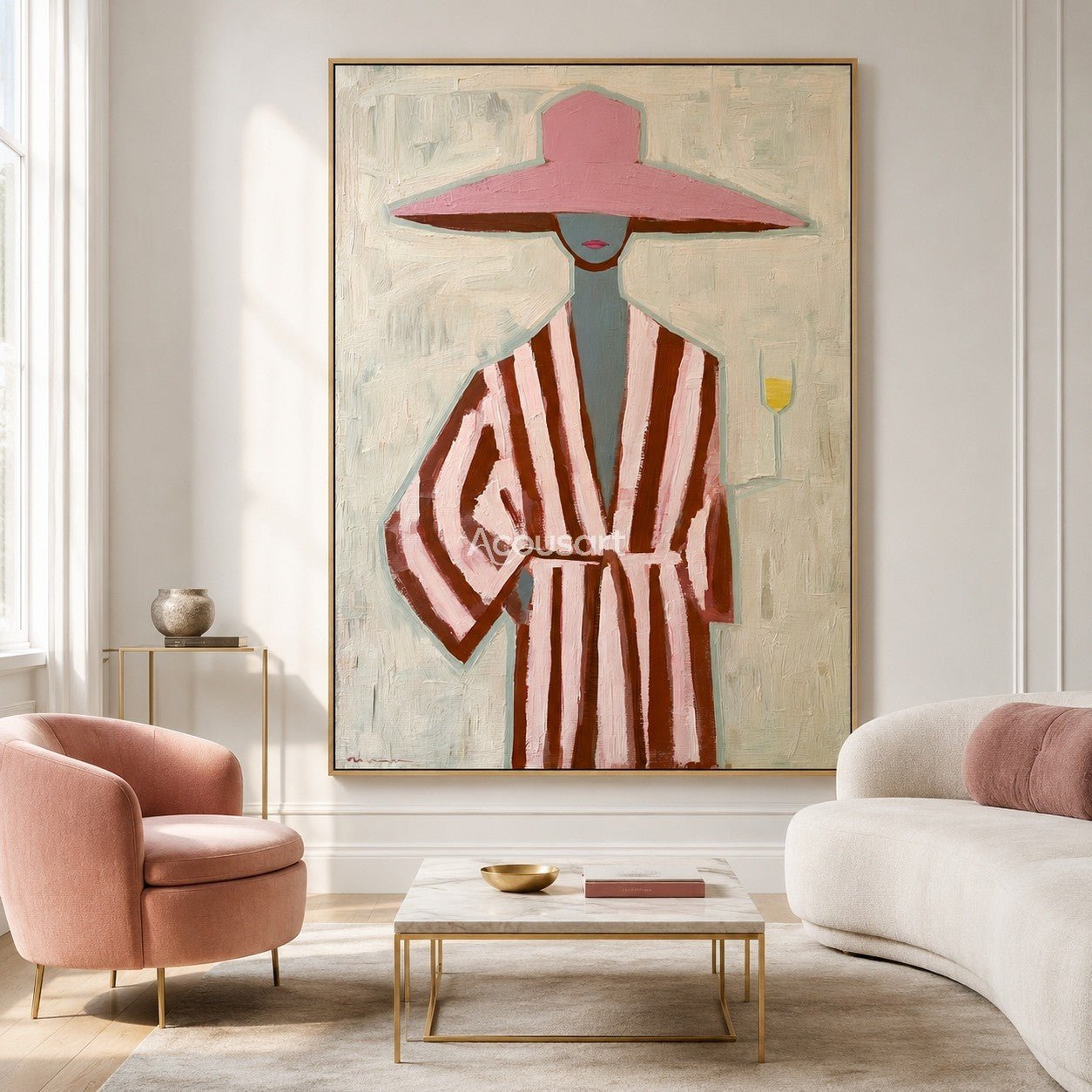 Textured pink hat woman canvas art featuring a figure in a striped robe holding a drink.