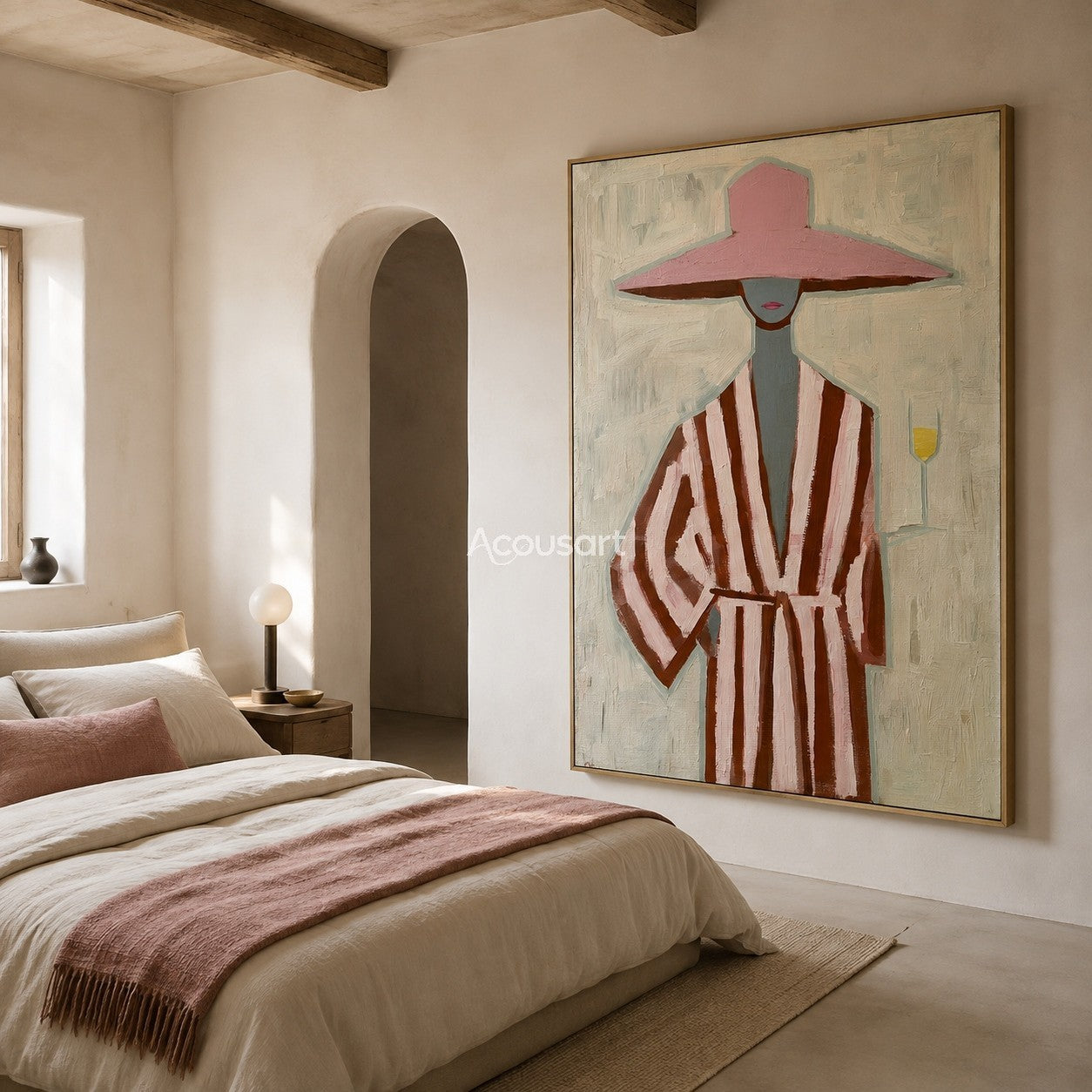 Textured pink hat woman canvas art featuring a figure in a striped robe holding a drink.