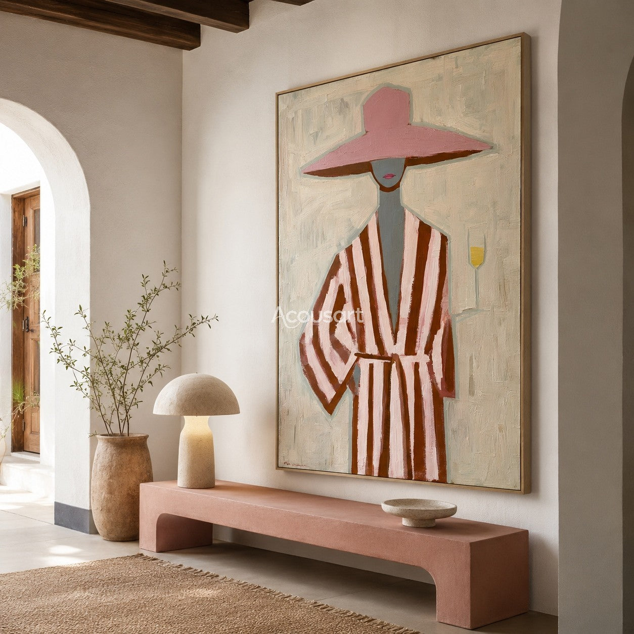 Textured pink hat woman canvas art featuring a figure in a striped robe holding a drink.
