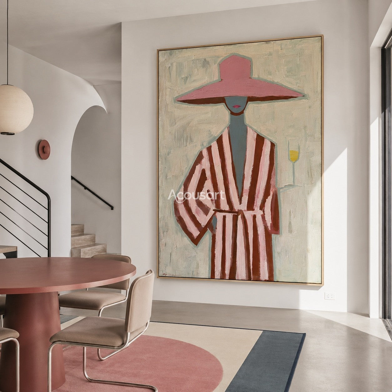 Textured pink hat woman canvas art featuring a figure in a striped robe holding a drink.