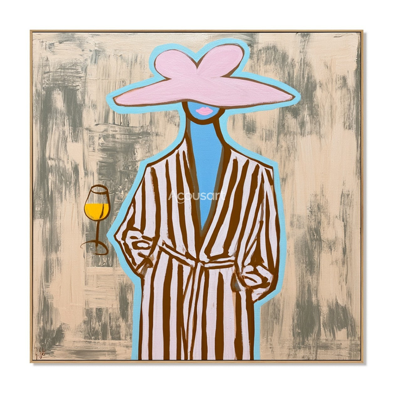 Trendy woman canvas painting featuring a figure in a pink sun hat and striped robe holding a drink.