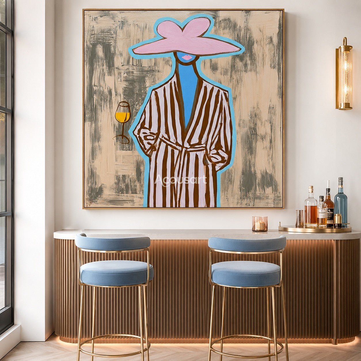 Trendy woman canvas painting featuring a figure in a pink sun hat and striped robe holding a drink.