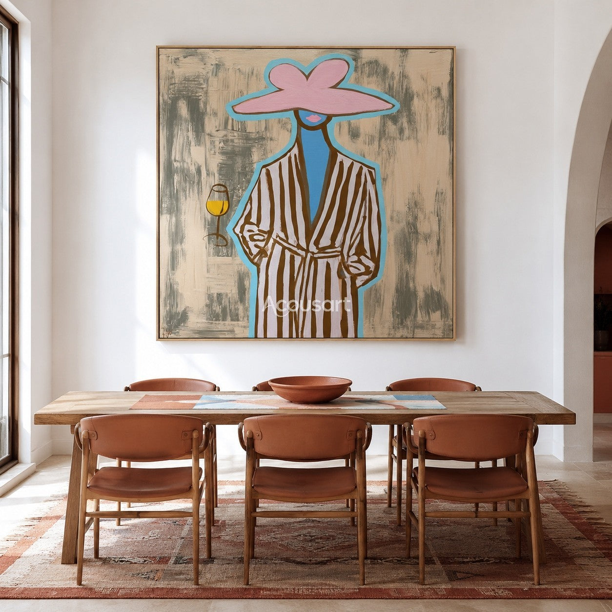 Trendy woman canvas painting featuring a figure in a pink sun hat and striped robe holding a drink.