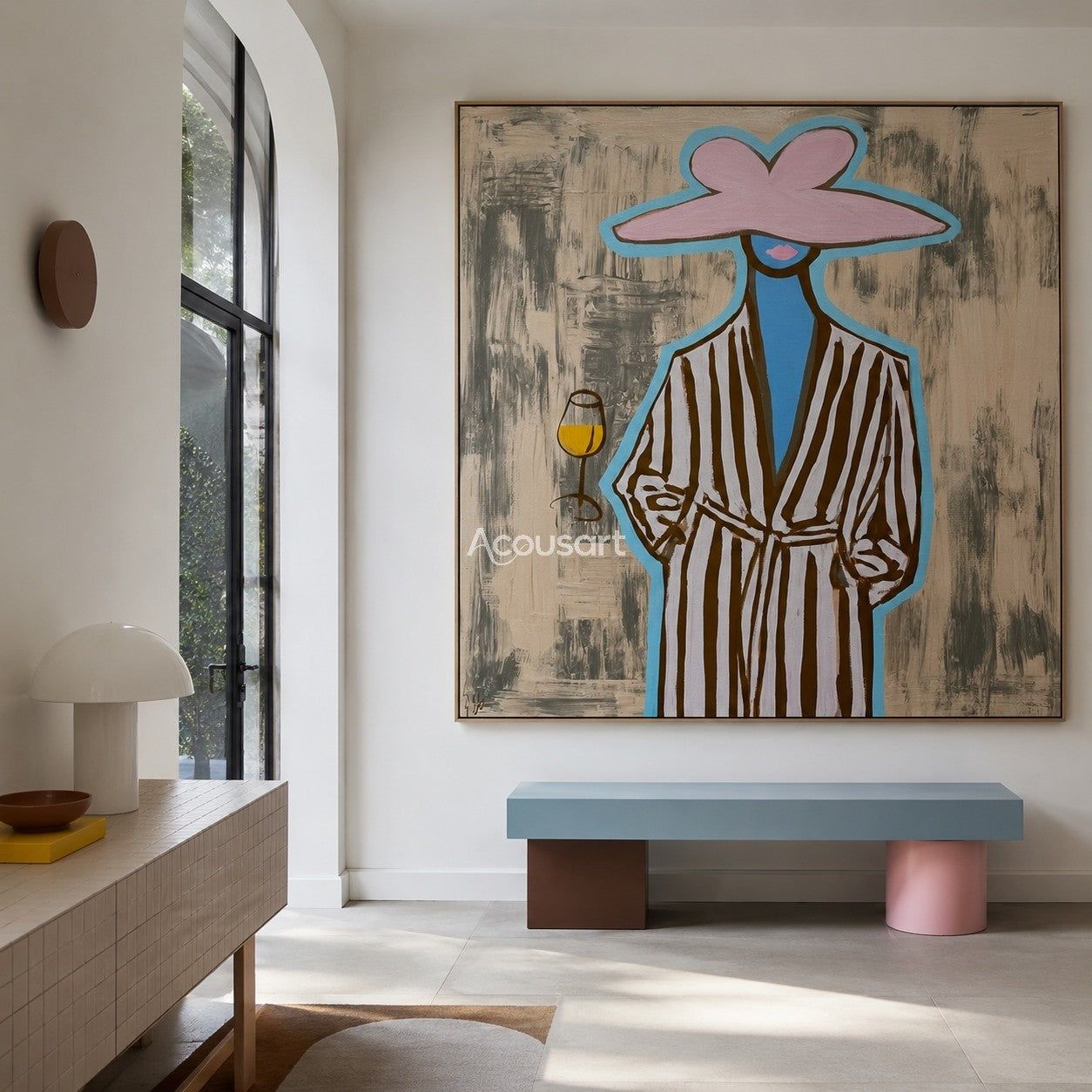 Trendy woman canvas painting featuring a figure in a pink sun hat and striped robe holding a drink.