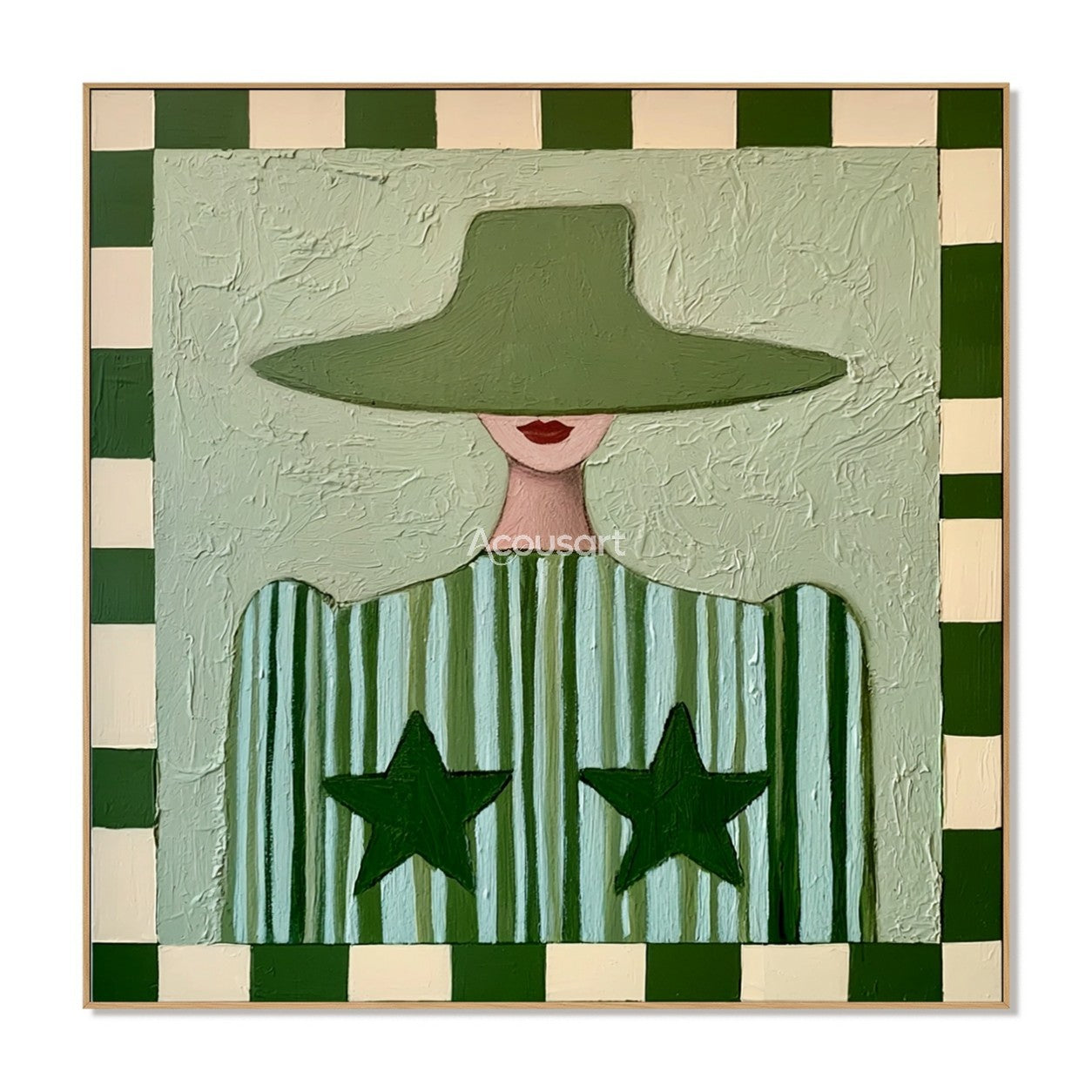 Textured green woman canvas painting featuring a figure in a wide hat, striped star shirt, and checkered border.