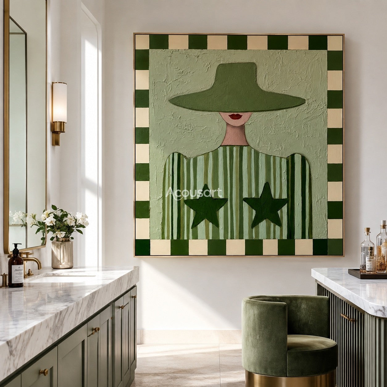 Textured green woman canvas painting featuring a figure in a wide hat, striped star shirt, and checkered border.