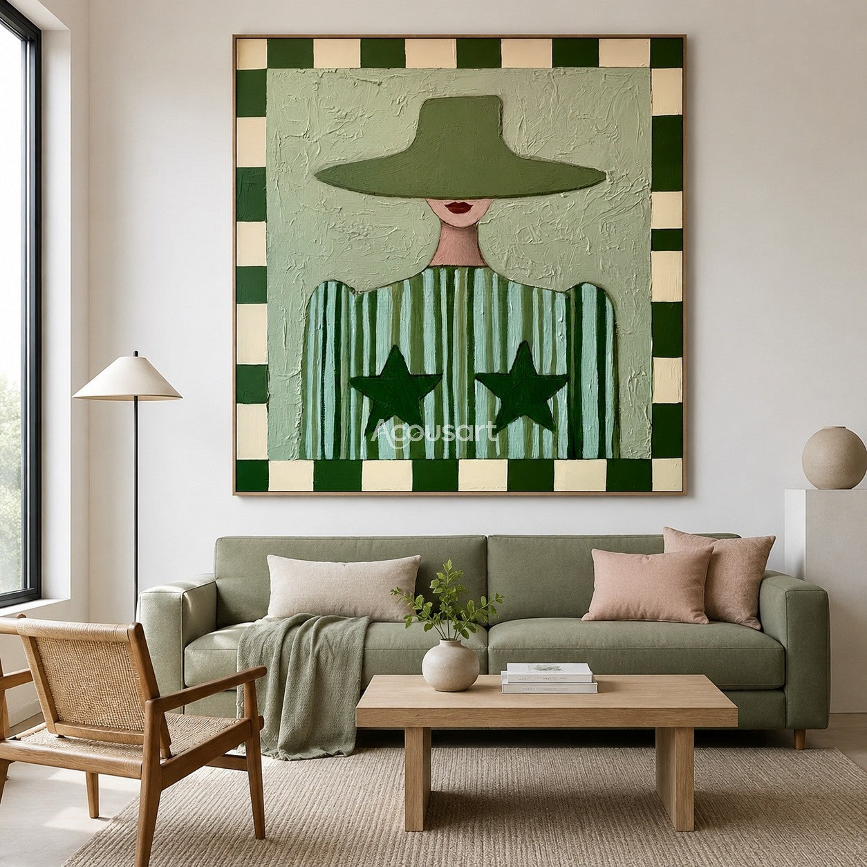 Textured green woman canvas painting featuring a figure in a wide hat, striped star shirt, and checkered border.