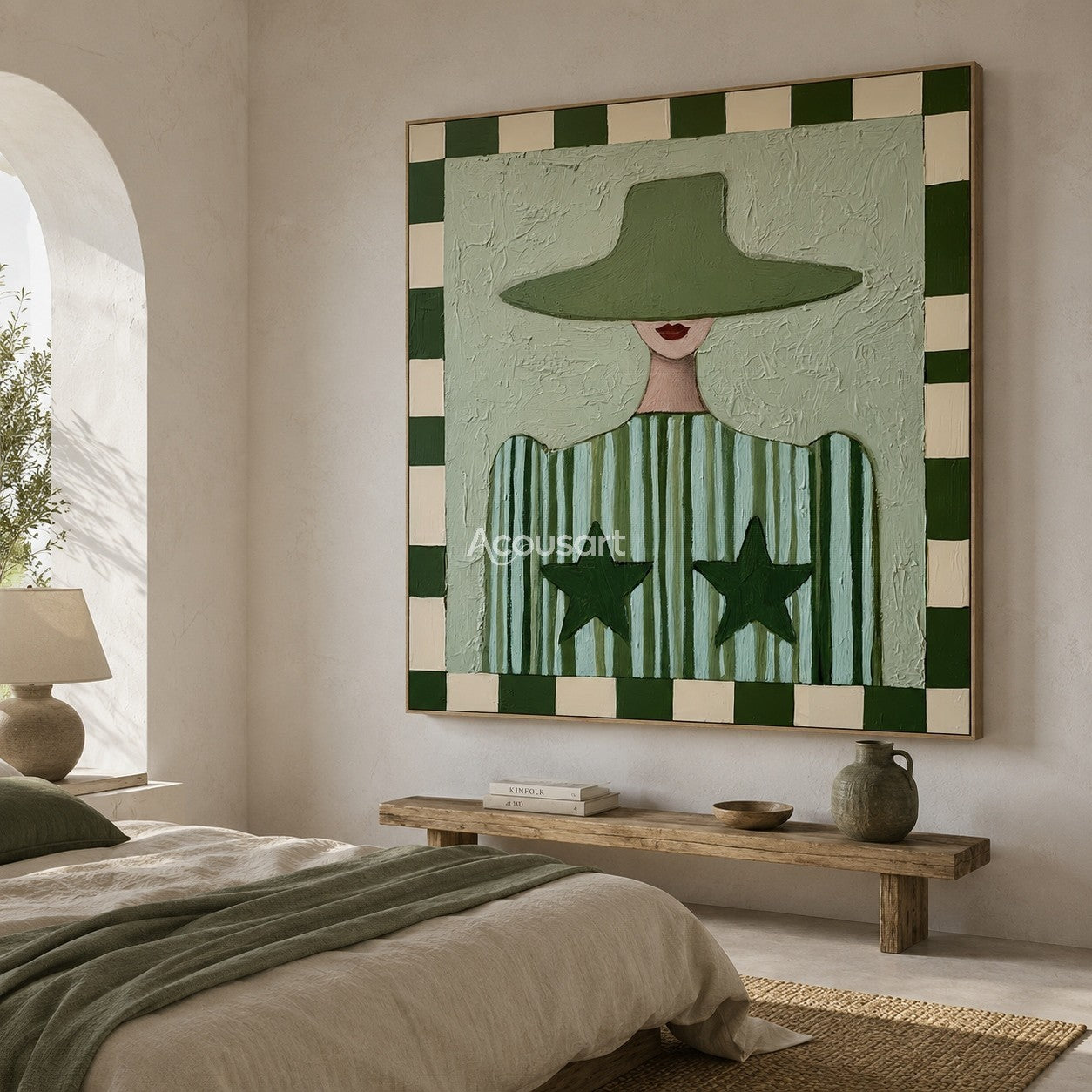 Textured green woman canvas painting featuring a figure in a wide hat, striped star shirt, and checkered border.
