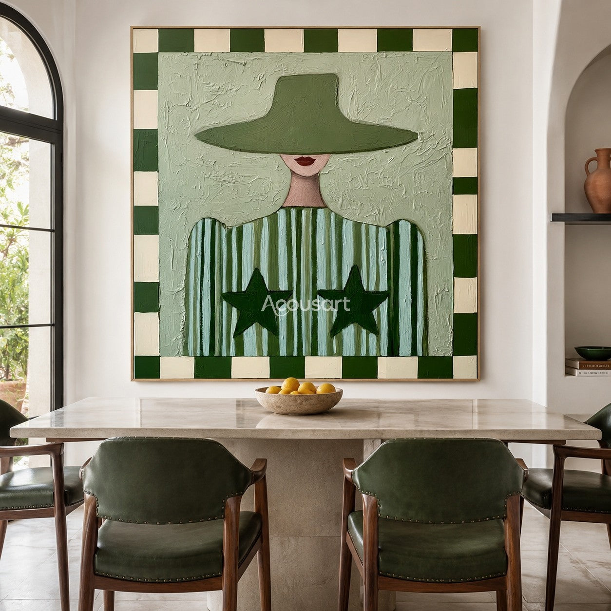 Textured green woman canvas painting featuring a figure in a wide hat, striped star shirt, and checkered border.
