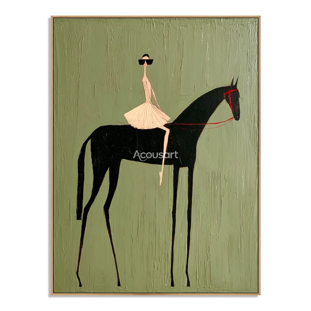 Western horse wall art with a fashionable rider on a black horse against a textured sage green background