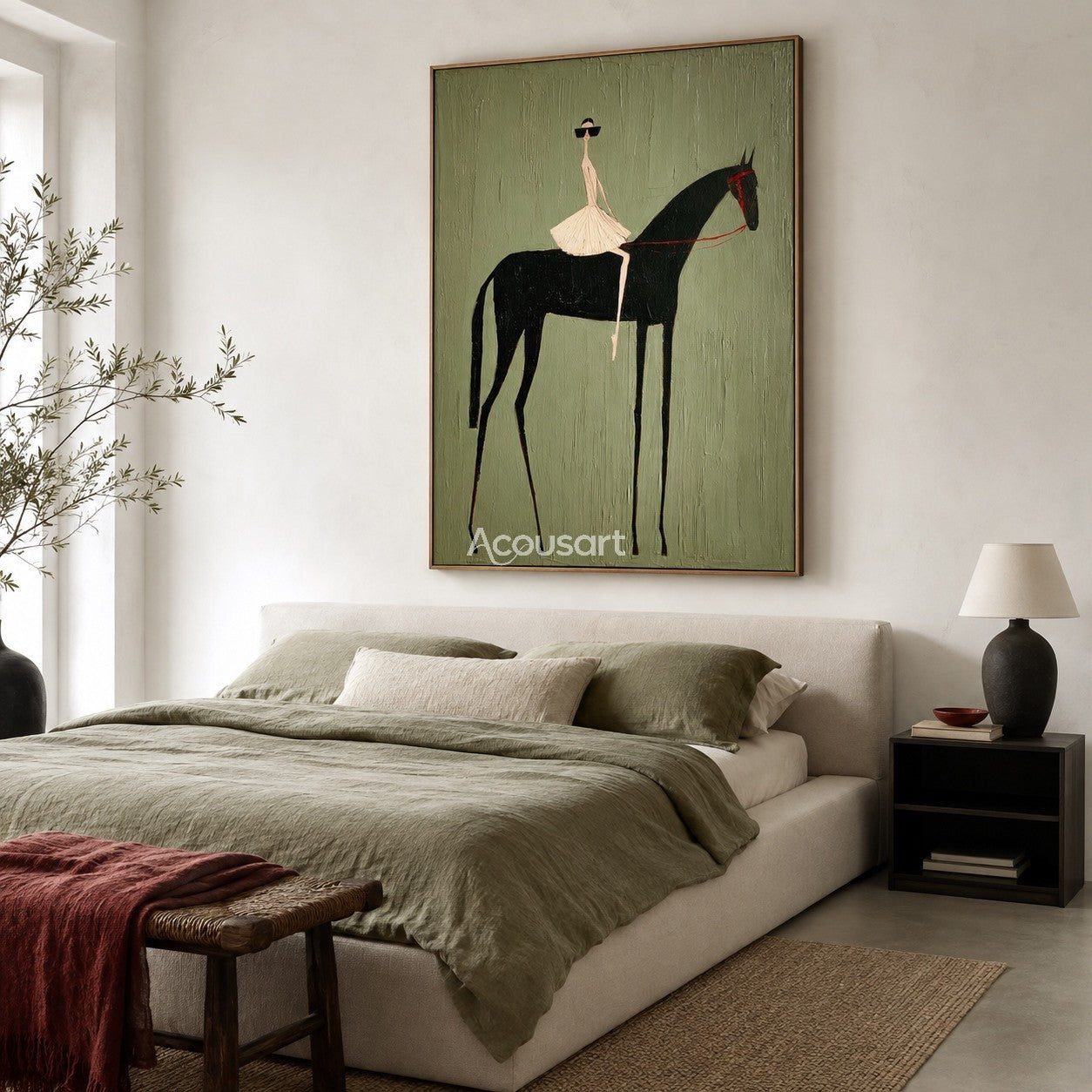 Western horse wall art with a fashionable rider on a black horse against a textured sage green background