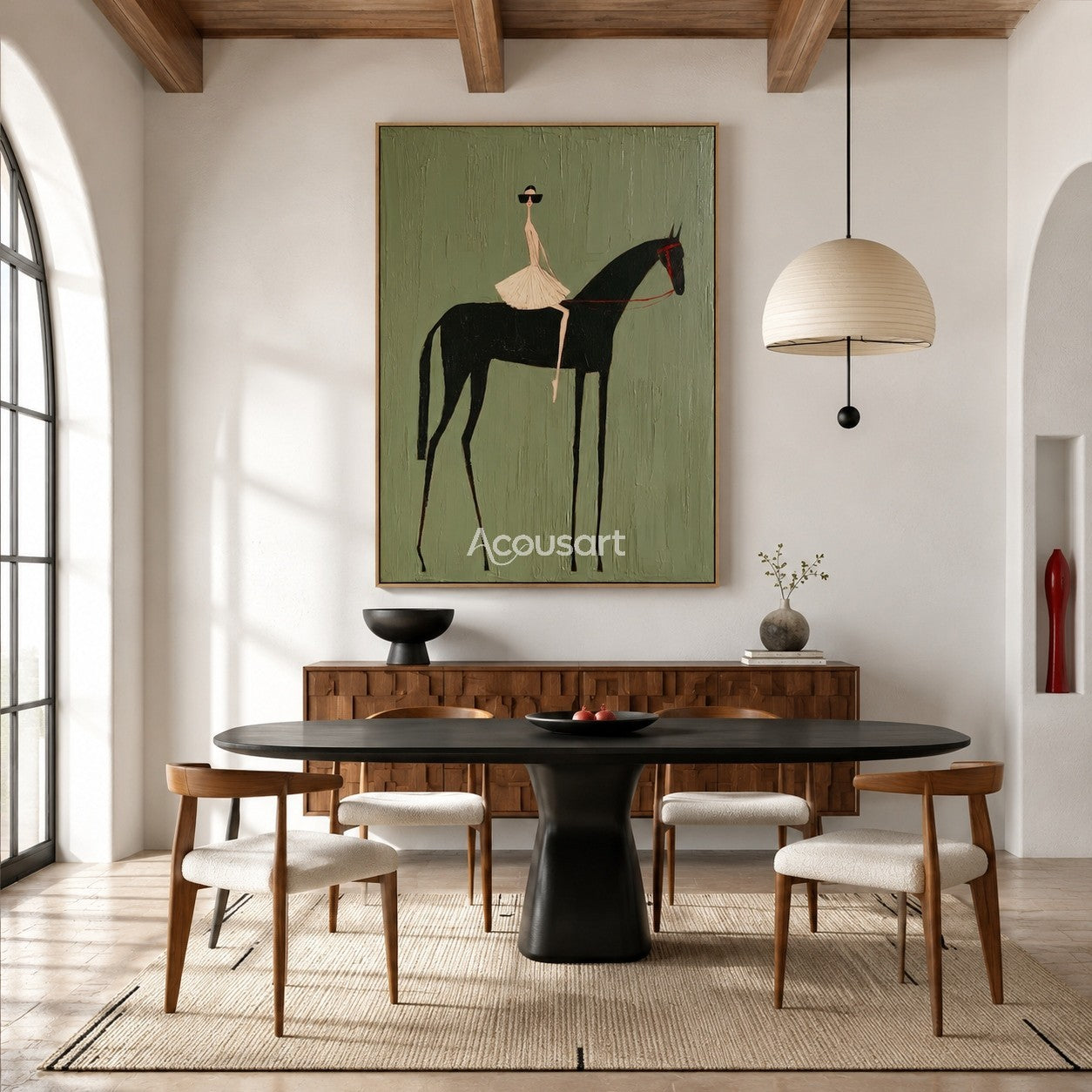 Western horse wall art with a fashionable rider on a black horse against a textured sage green background