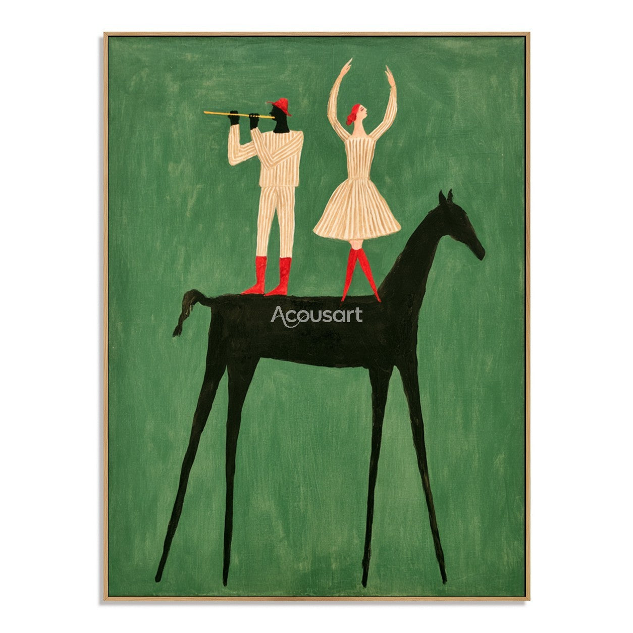 Western horse wall art with two performers standing on a black horse against a green background
