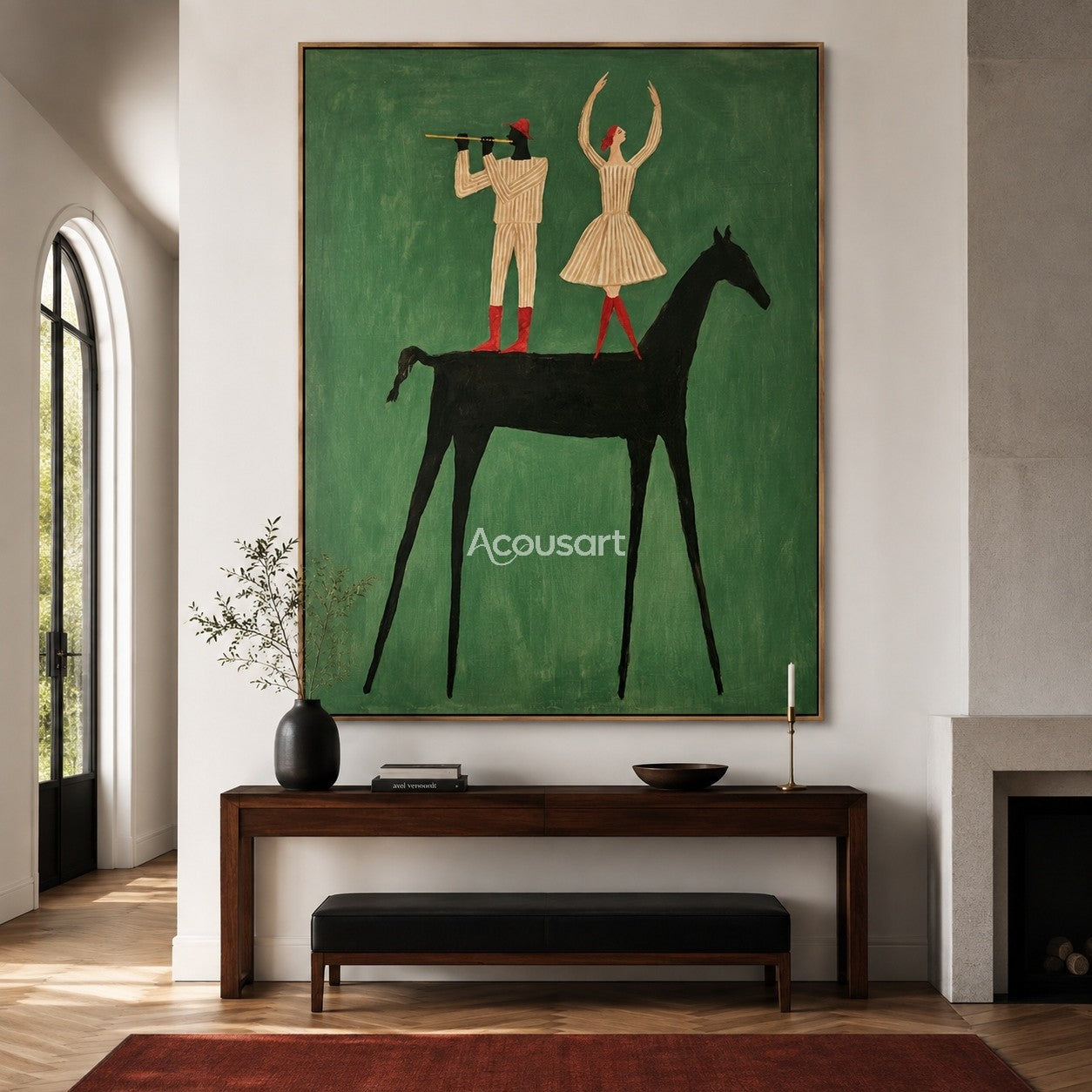Western horse wall art with two performers standing on a black horse against a green background