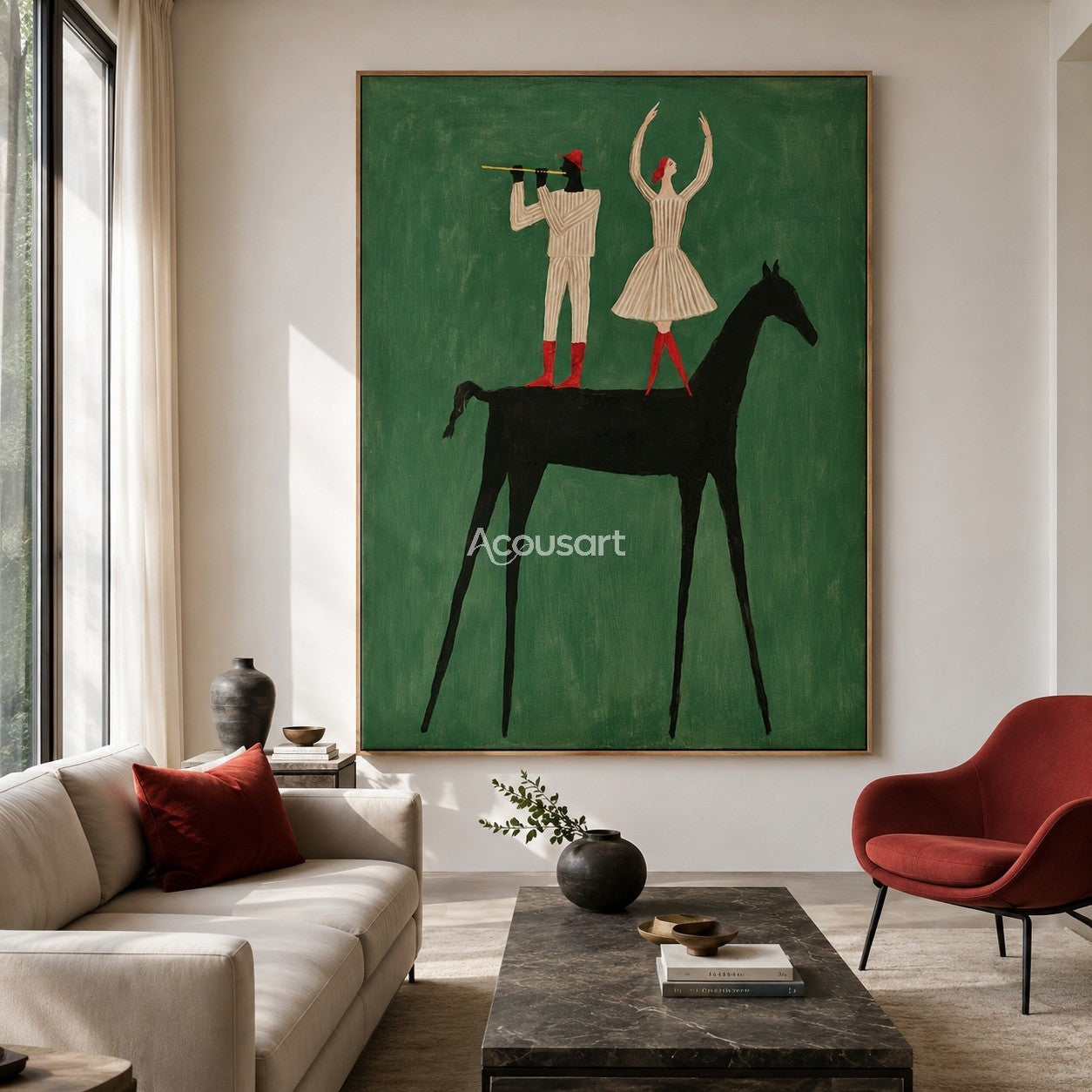 Western horse wall art with two performers standing on a black horse against a green background