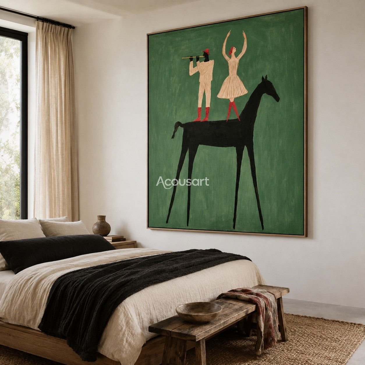 Western horse wall art with two performers standing on a black horse against a green background