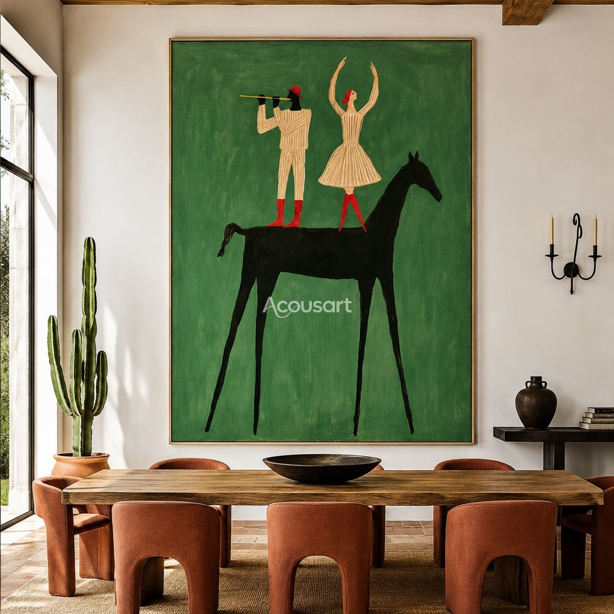 Western horse wall art with two performers standing on a black horse against a green background