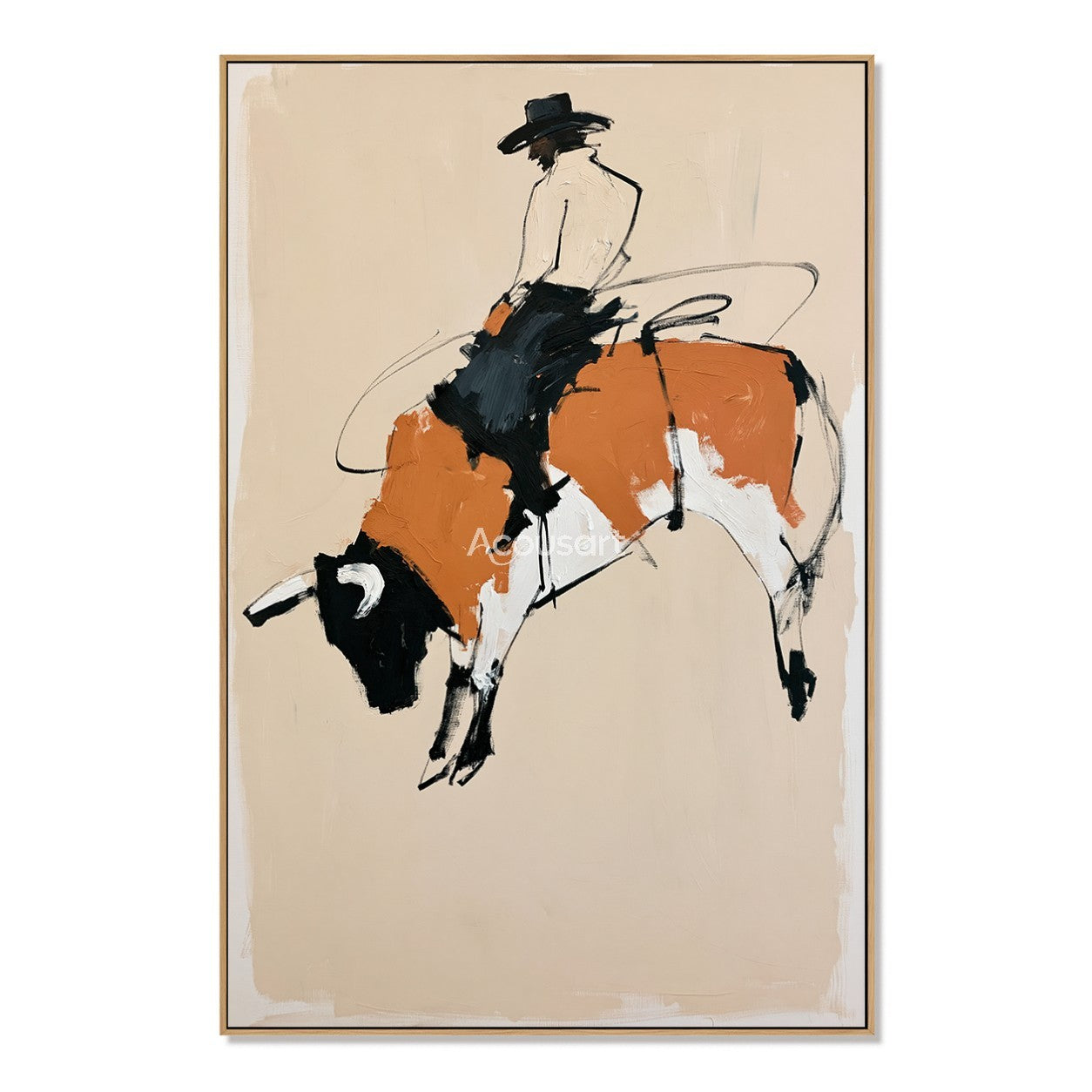 Western cowboy wall art showing a rider on a bucking bull with beige background and rustic rodeo style