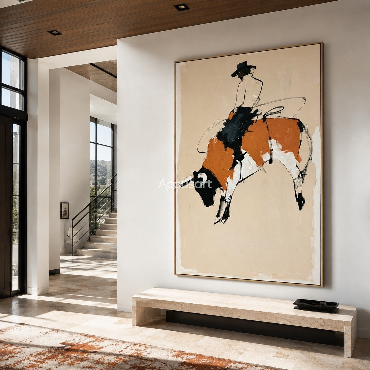 Western cowboy wall art showing a rider on a bucking bull with beige background and rustic rodeo style