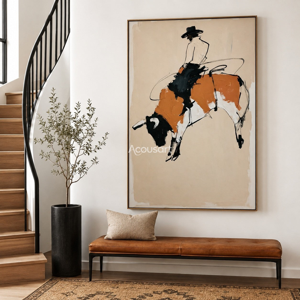 Western cowboy wall art showing a rider on a bucking bull with beige background and rustic rodeo style