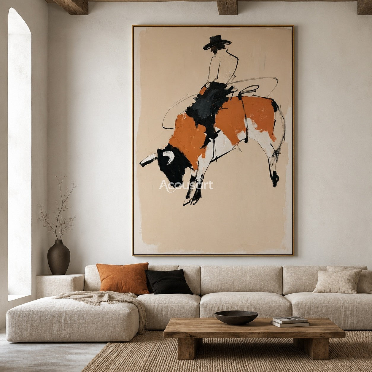 Western cowboy wall art showing a rider on a bucking bull with beige background and rustic rodeo style