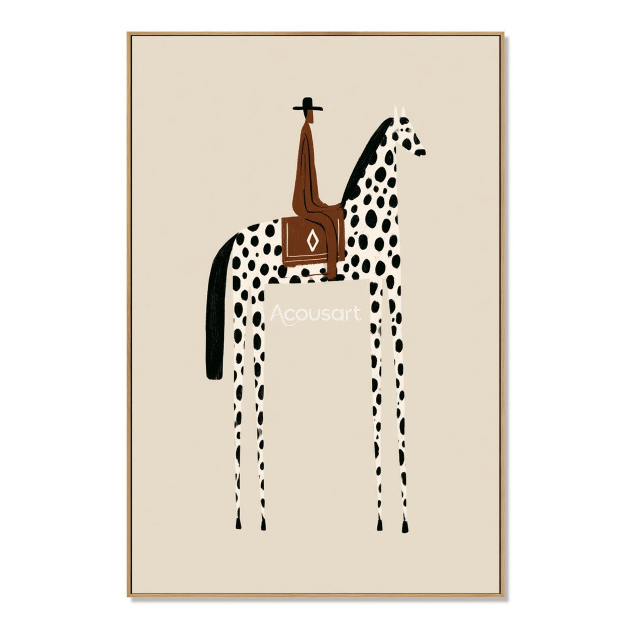 Western horse wall art with a rider on a black spotted white horse against a soft beige background