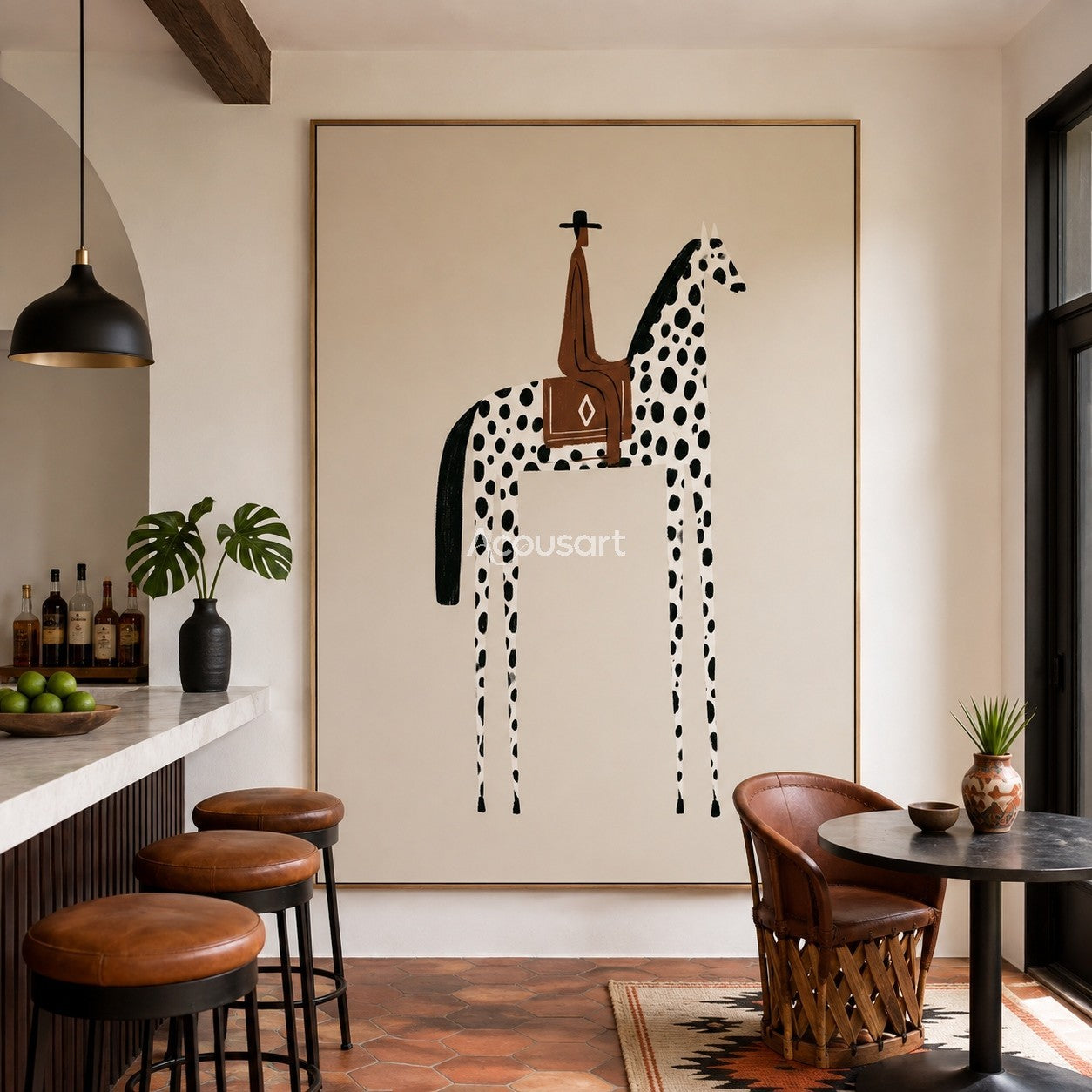 Western horse wall art with a rider on a black spotted white horse against a soft beige background