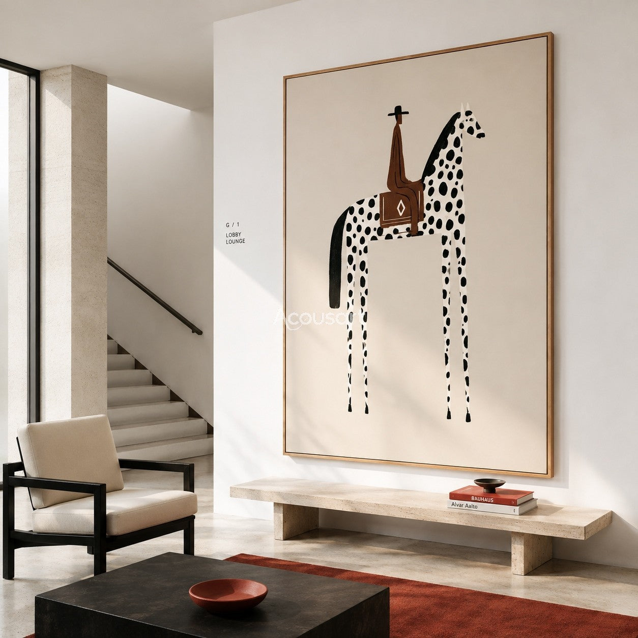 Western horse wall art with a rider on a black spotted white horse against a soft beige background