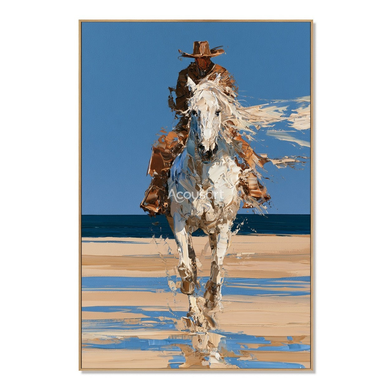 Western cowboy horse wall art showing a rider on a white horse running on a beach with blue sky and ocean
