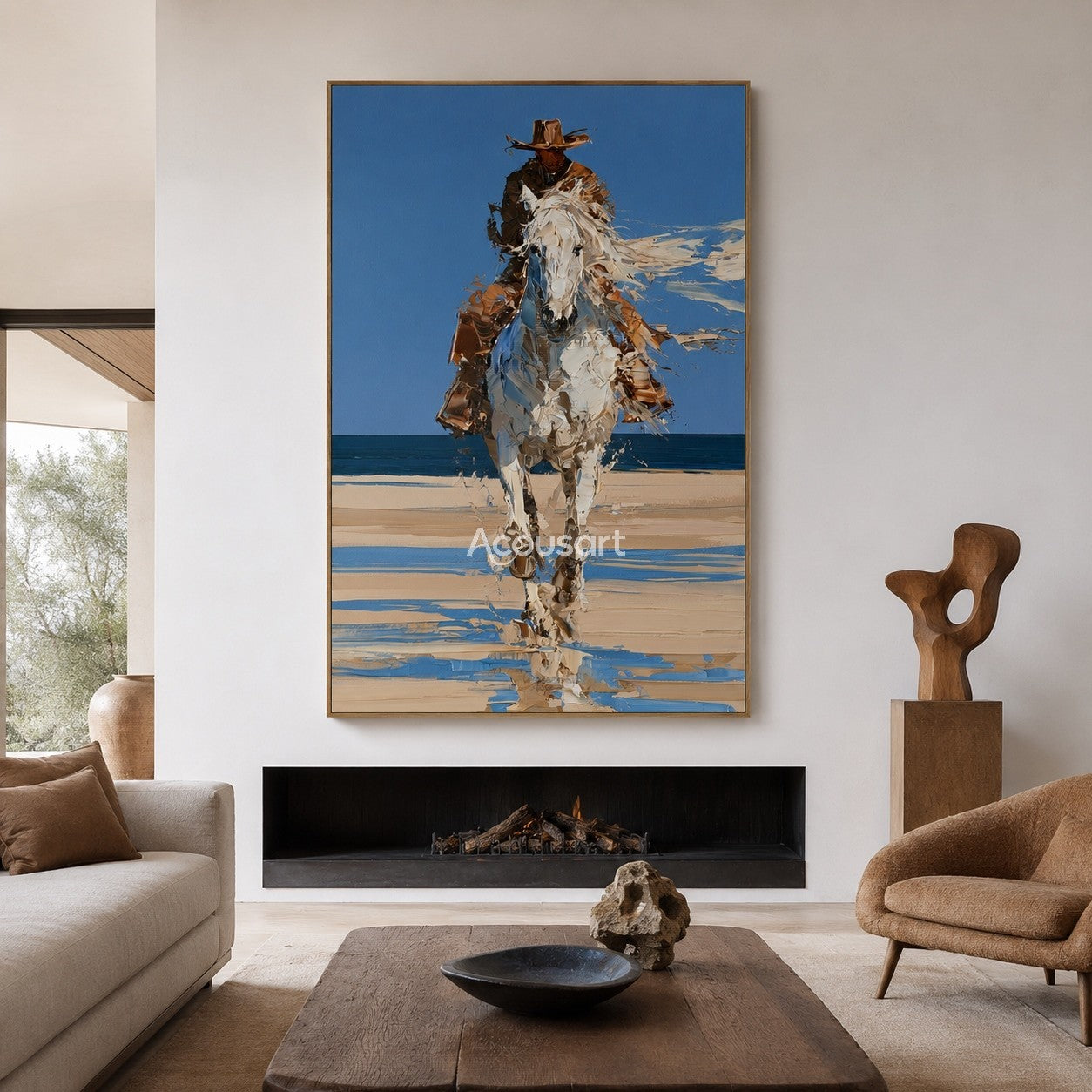 Western cowboy horse wall art showing a rider on a white horse running on a beach with blue sky and ocean