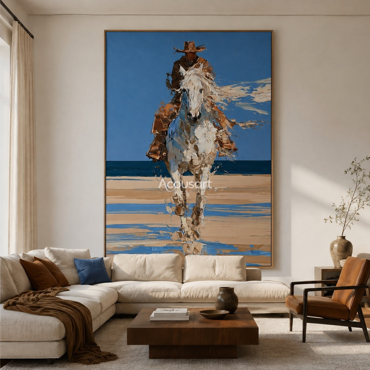 Western cowboy horse wall art showing a rider on a white horse running on a beach with blue sky and ocean
