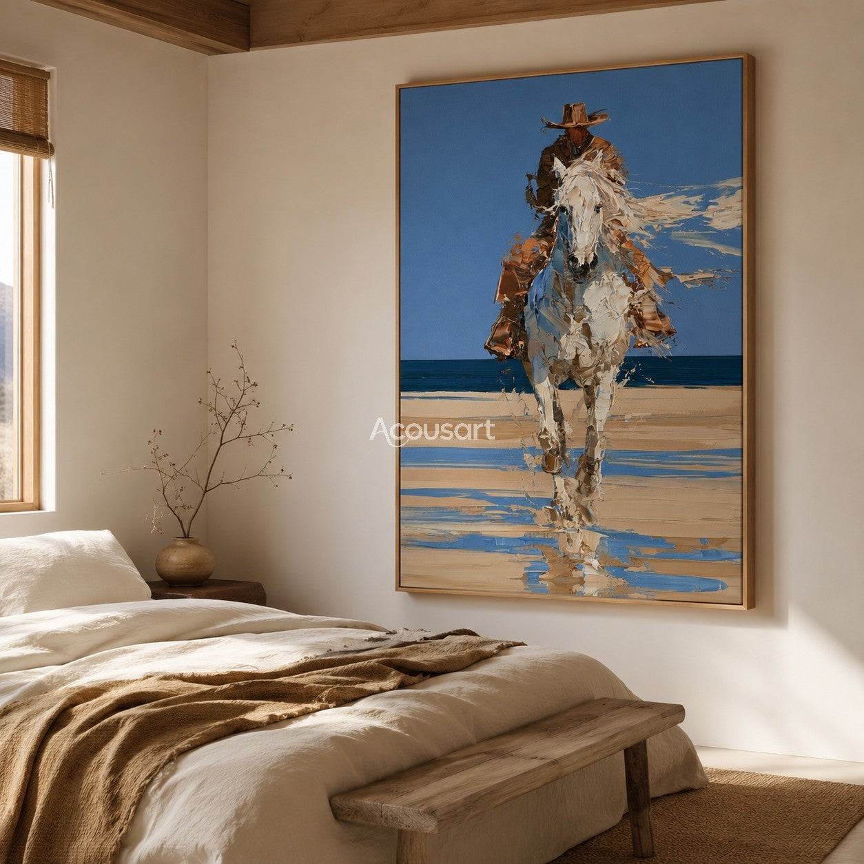 Western cowboy horse wall art showing a rider on a white horse running on a beach with blue sky and ocean