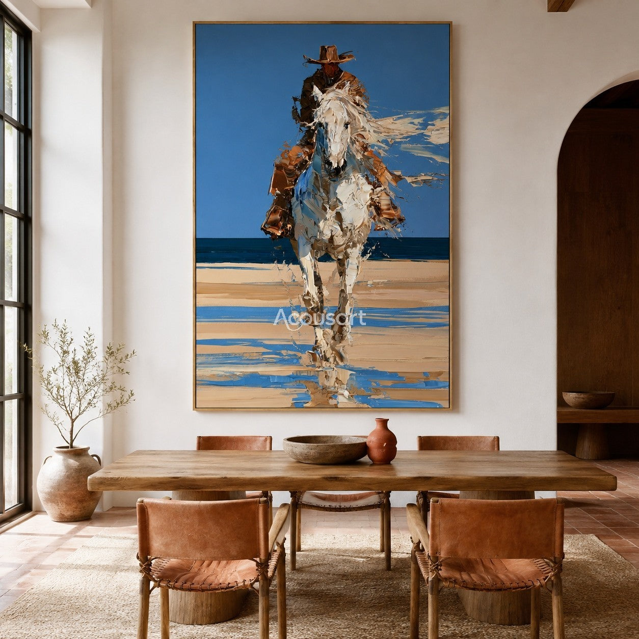 Western cowboy horse wall art showing a rider on a white horse running on a beach with blue sky and ocean