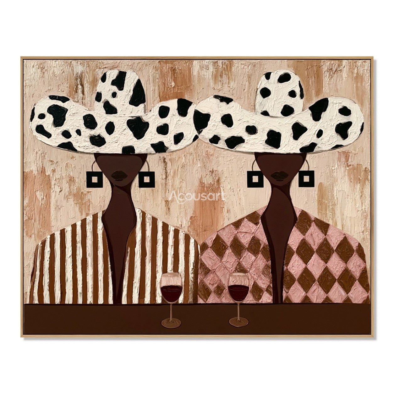 Modern figurative wall art showing two stylish people with patterned hats enjoying a wine evening in warm neutral tones