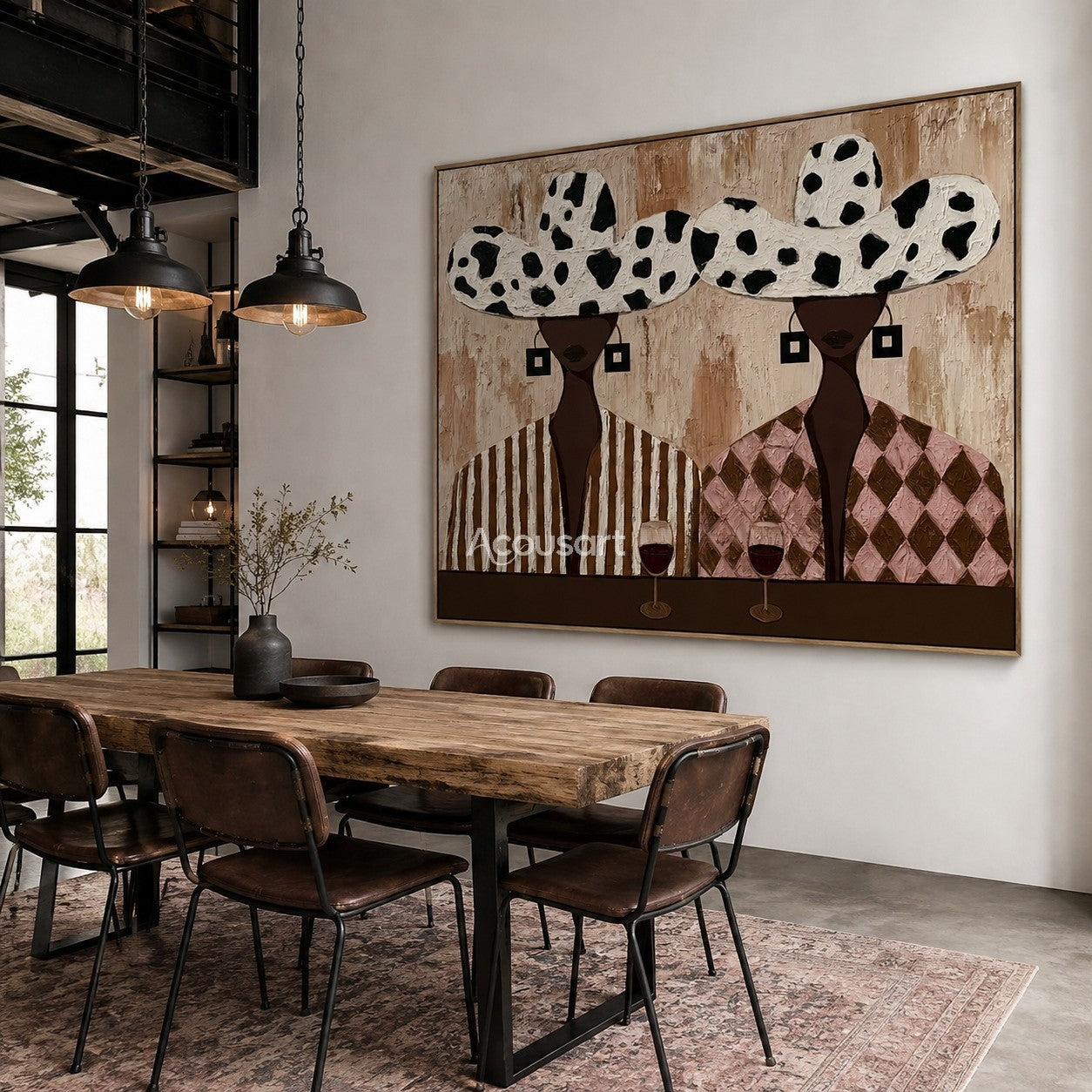 Modern figurative wall art showing two stylish people with patterned hats enjoying a wine evening in warm neutral tones