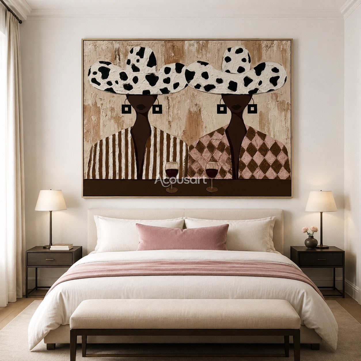 Modern figurative wall art showing two stylish people with patterned hats enjoying a wine evening in warm neutral tones