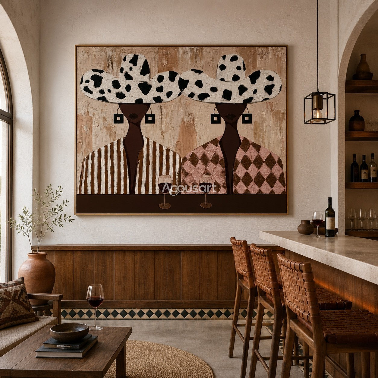 Modern figurative wall art showing two stylish people with patterned hats enjoying a wine evening in warm neutral tones