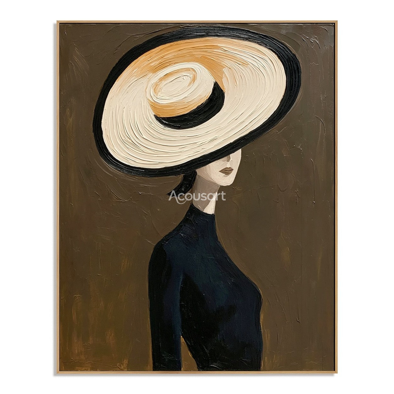 Minimalist portrait wall art of a woman wearing a large cream hat and black outfit on a dark brown background