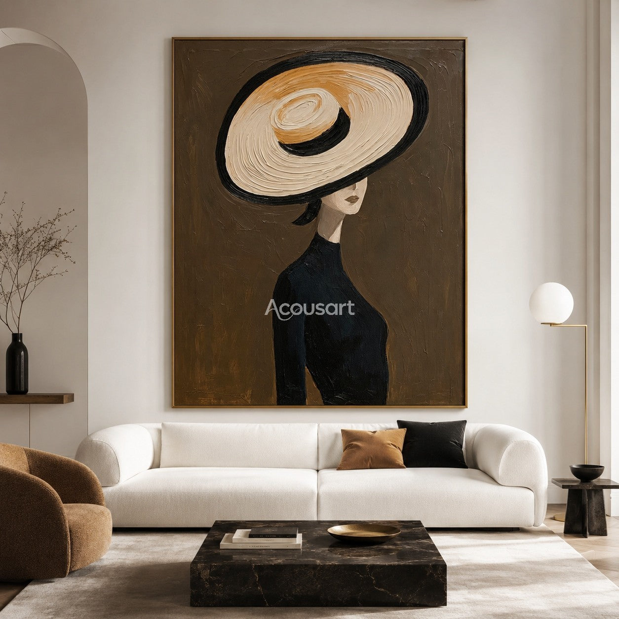 Minimalist portrait wall art of a woman wearing a large cream hat and black outfit on a dark brown background