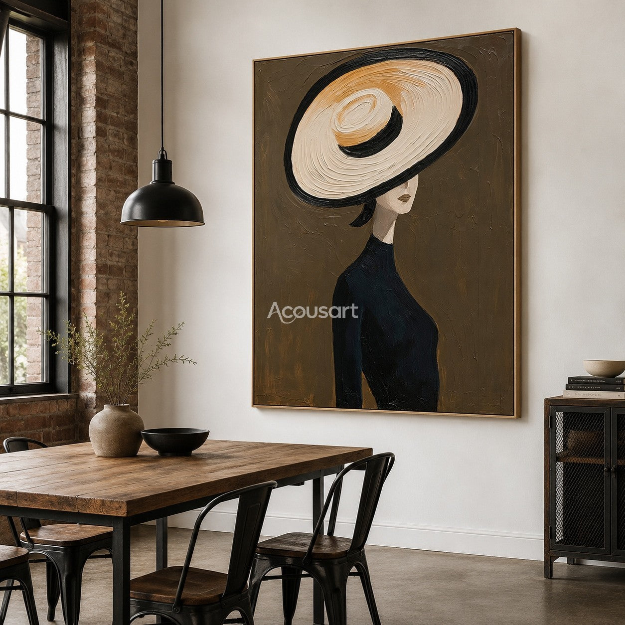 Minimalist portrait wall art of a woman wearing a large cream hat and black outfit on a dark brown background
