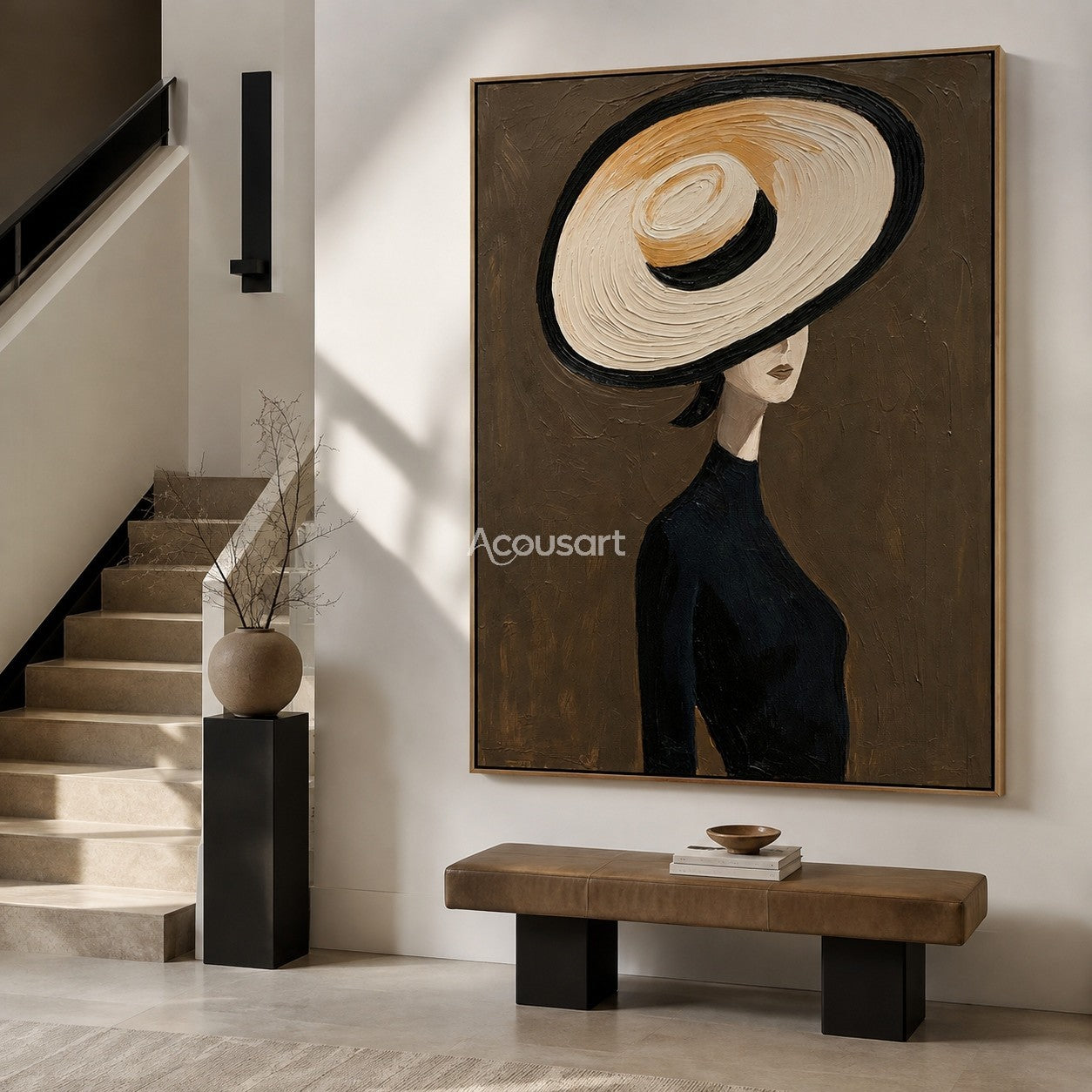 Minimalist portrait wall art of a woman wearing a large cream hat and black outfit on a dark brown background