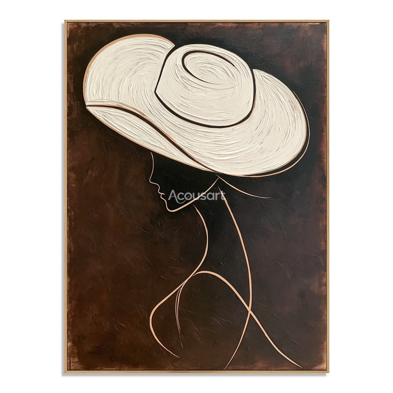 Minimalist fashion portrait wall art featuring a woman with a large white hat and elegant line details on a dark background