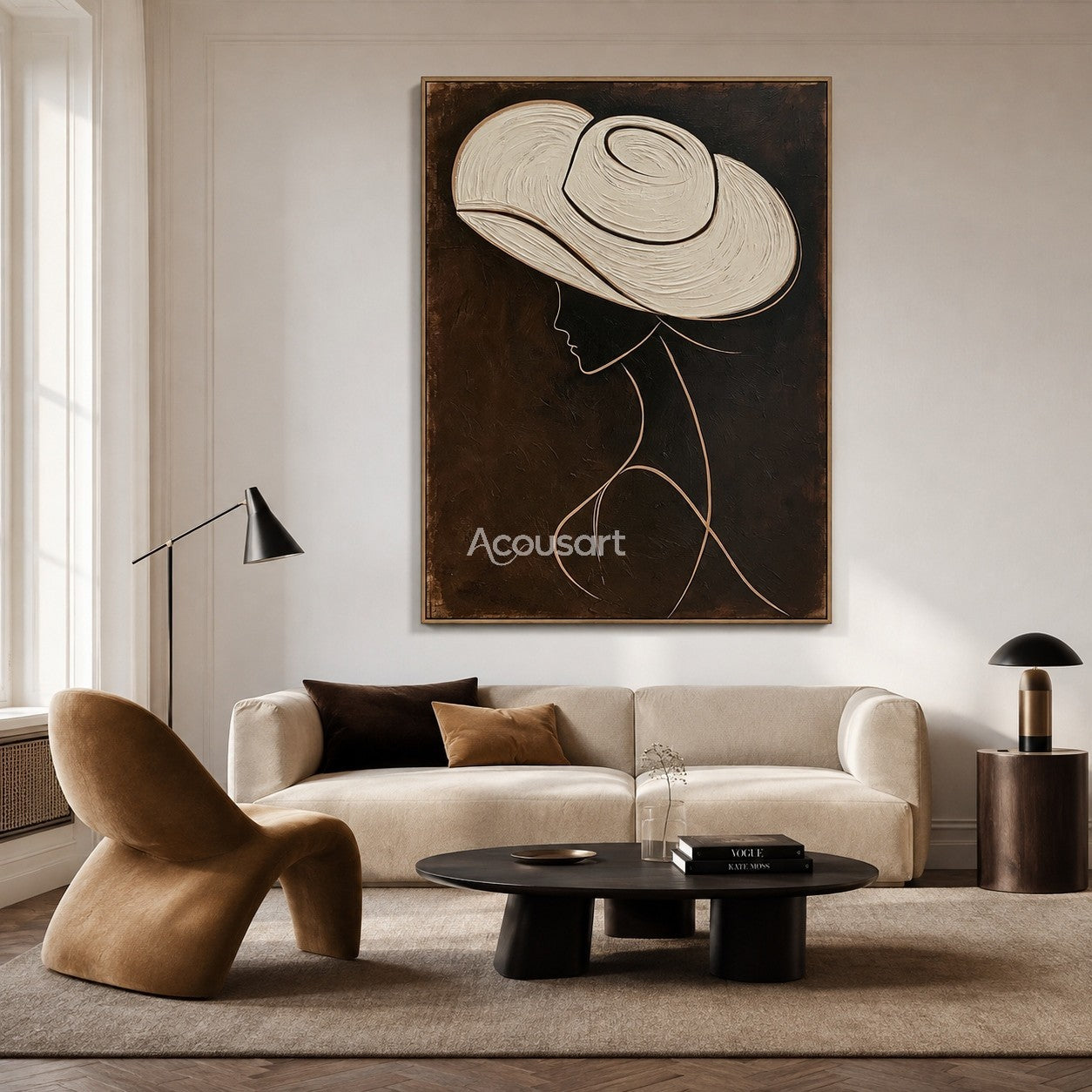 Minimalist fashion portrait wall art featuring a woman with a large white hat and elegant line details on a dark background