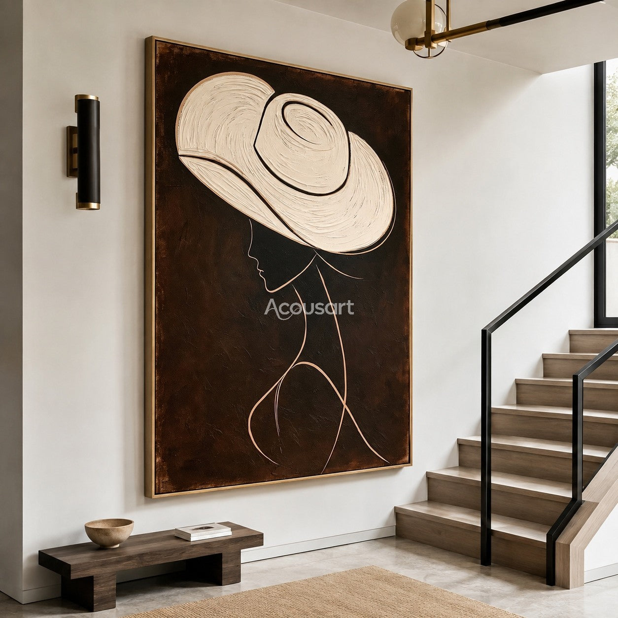 Minimalist fashion portrait wall art featuring a woman with a large white hat and elegant line details on a dark background