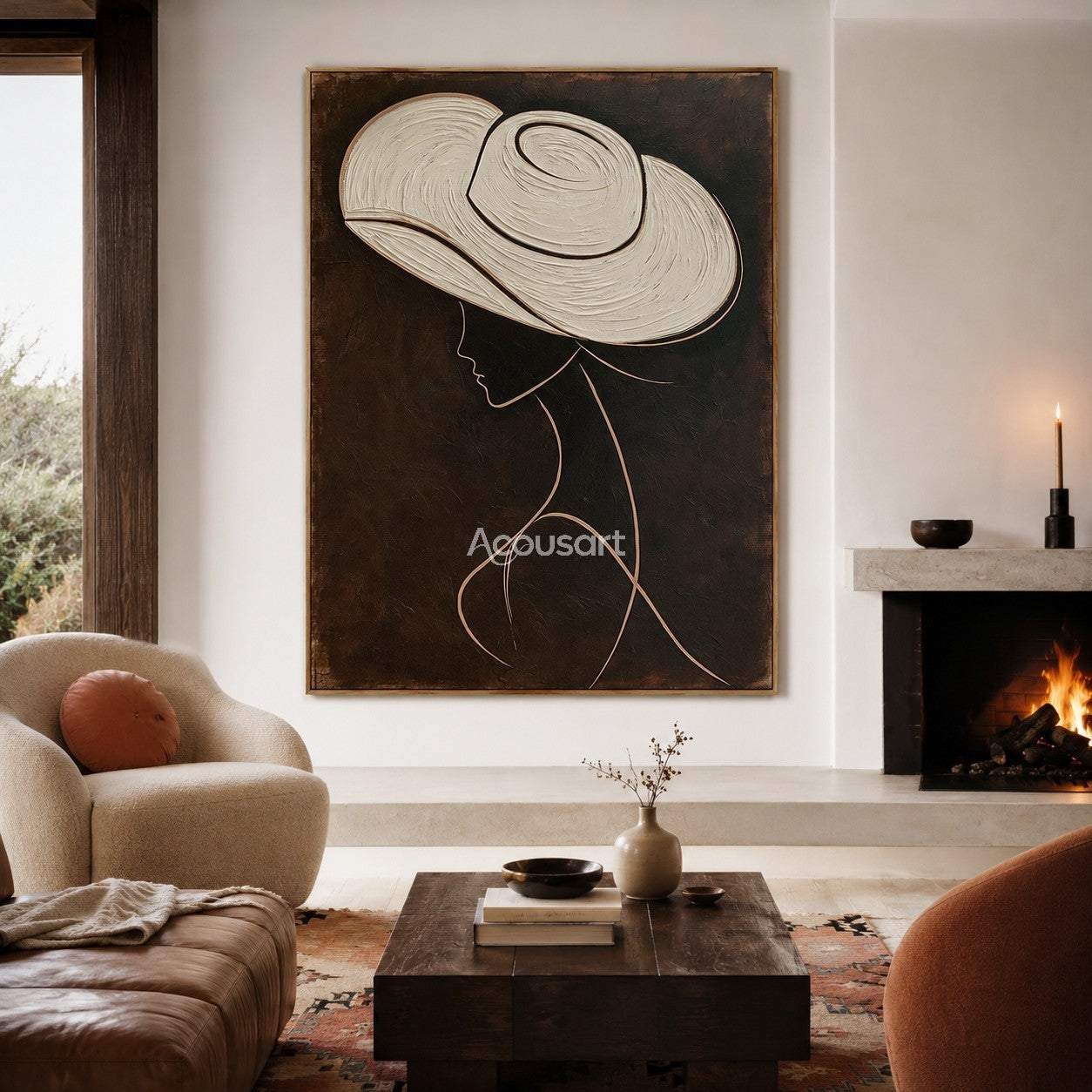 Minimalist fashion portrait wall art featuring a woman with a large white hat and elegant line details on a dark background