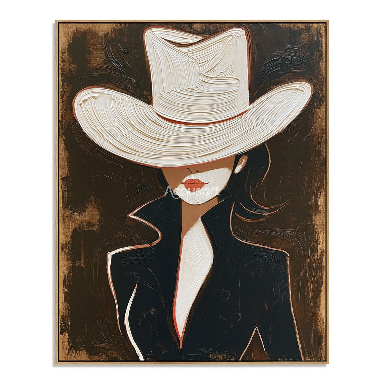 Modern cowgirl portrait wall art featuring a woman in a white cowboy hat and black jacket with textured brushstrokes