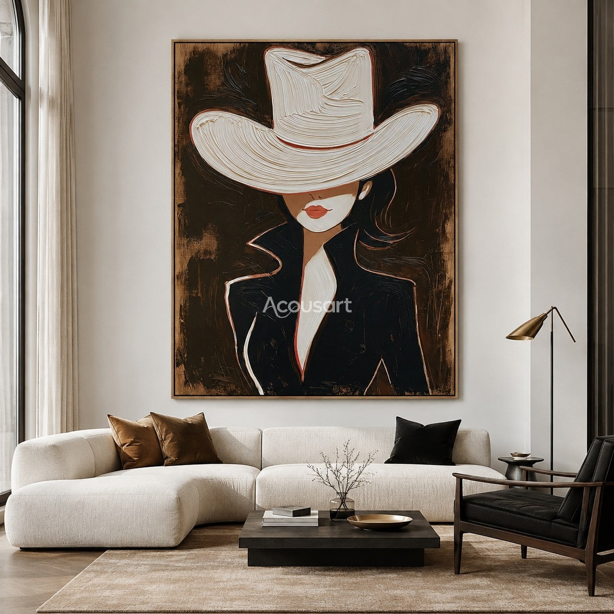 Modern cowgirl portrait wall art featuring a woman in a white cowboy hat and black jacket with textured brushstrokes