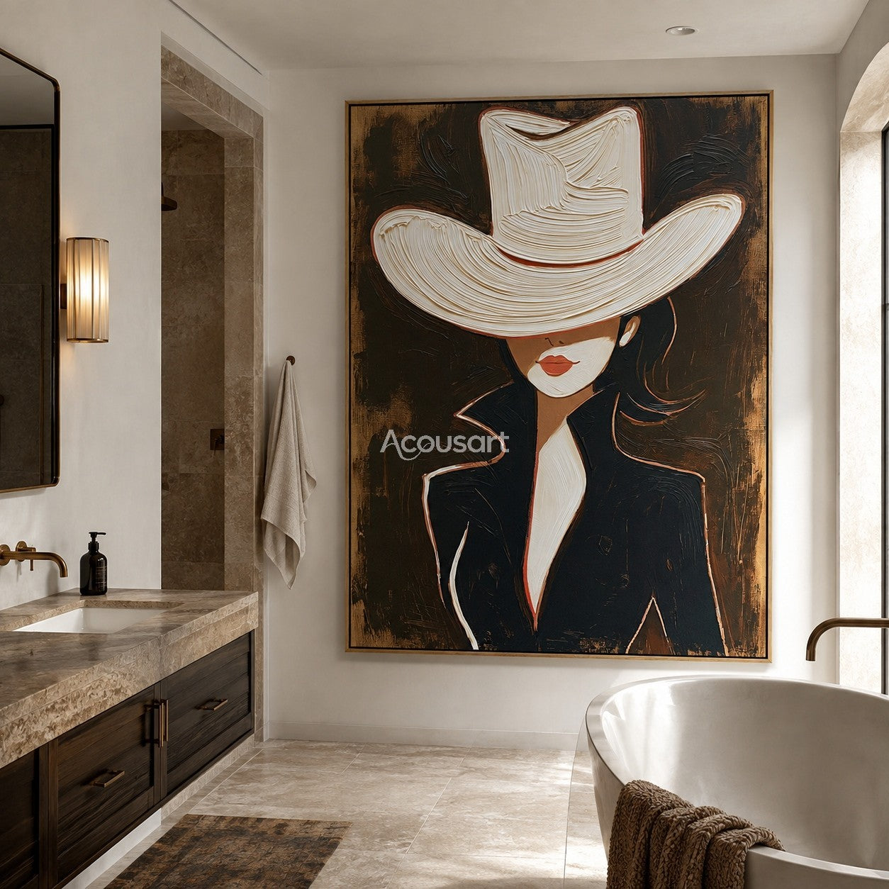 Modern cowgirl portrait wall art featuring a woman in a white cowboy hat and black jacket with textured brushstrokes