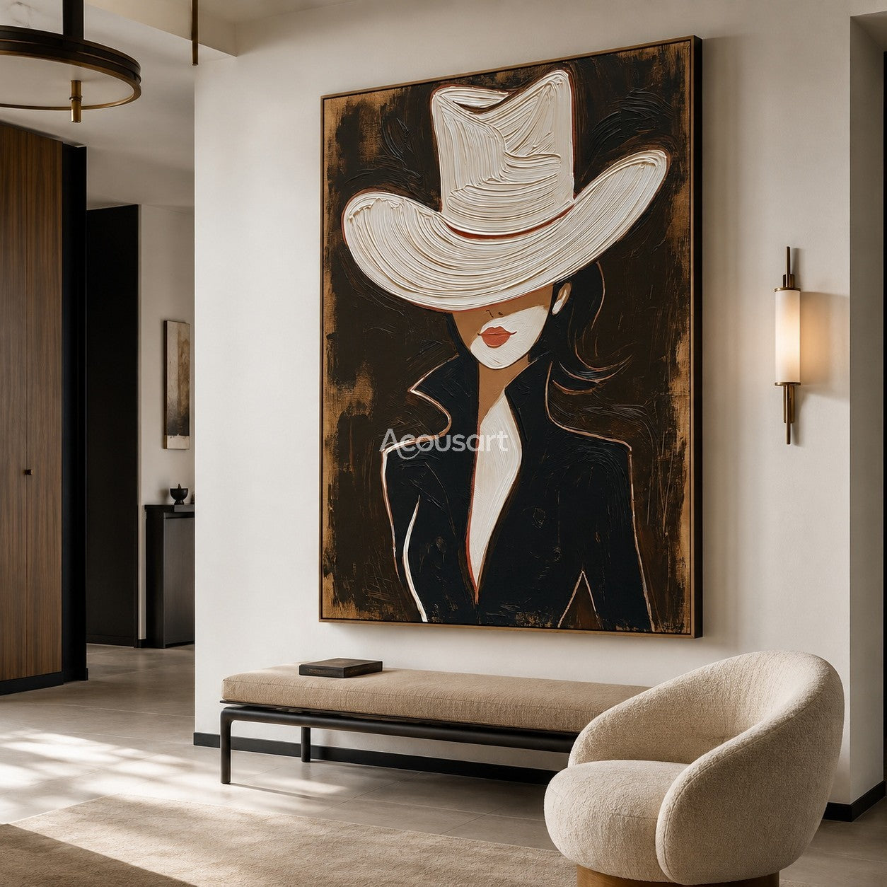 Modern cowgirl portrait wall art featuring a woman in a white cowboy hat and black jacket with textured brushstrokes
